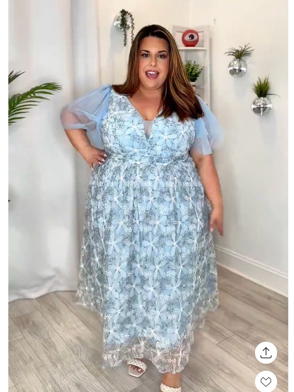 Plus Size Light Blue Lace A-Line Dress with Sheer Sleeves